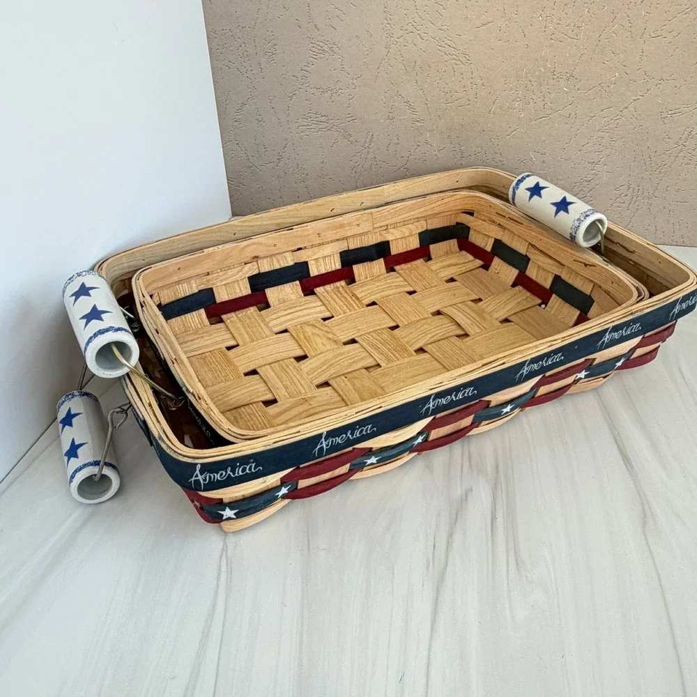 Set of 2 Patriotic Americana Woven Wood Baskets with Star Ceramic Handles